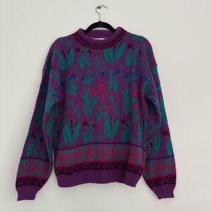 Purple and Green Crew Neck Sweater with Geometric Patterns